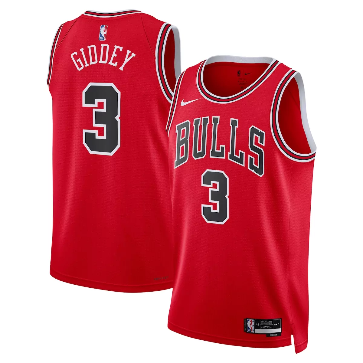 Josh Giddey 3 Bulls Jersey Red Men Replica Black White Icon Unisex