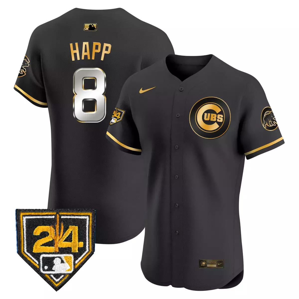Happ Training 8 Cubs Jersey Black Bear Cub Men Gold Vapor Premier Elite v2 All Stitched