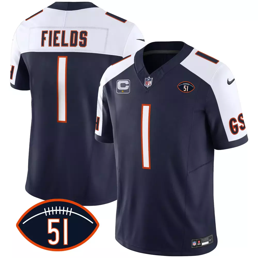 Justin Fields 1 Chicago Bears Jersey Navy Blue Gs (captaincy Patch) Men White Orange