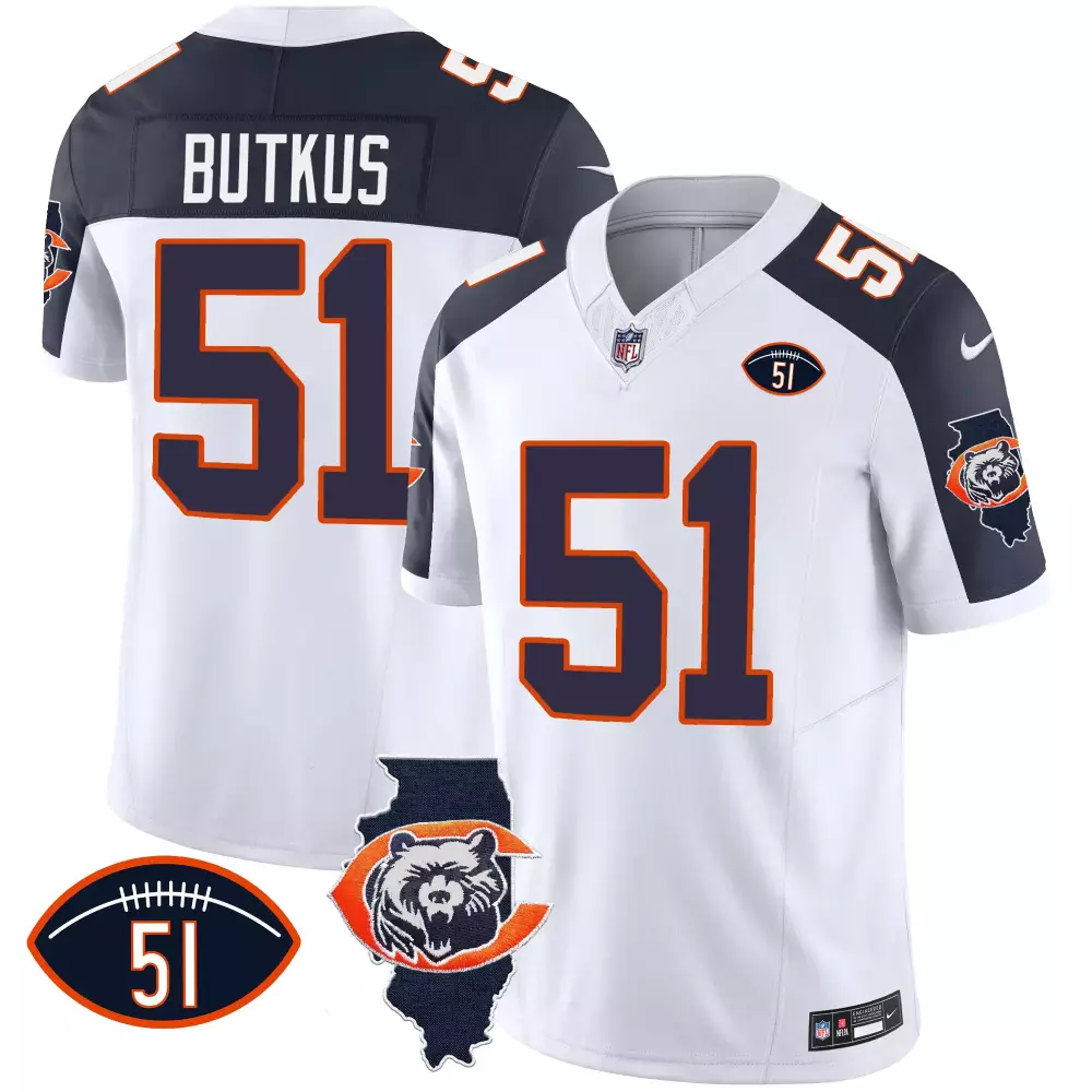 Dick Butkus 51 Chicago Bears Jersey White Illinois State Outline Bear Head Men Alternate
