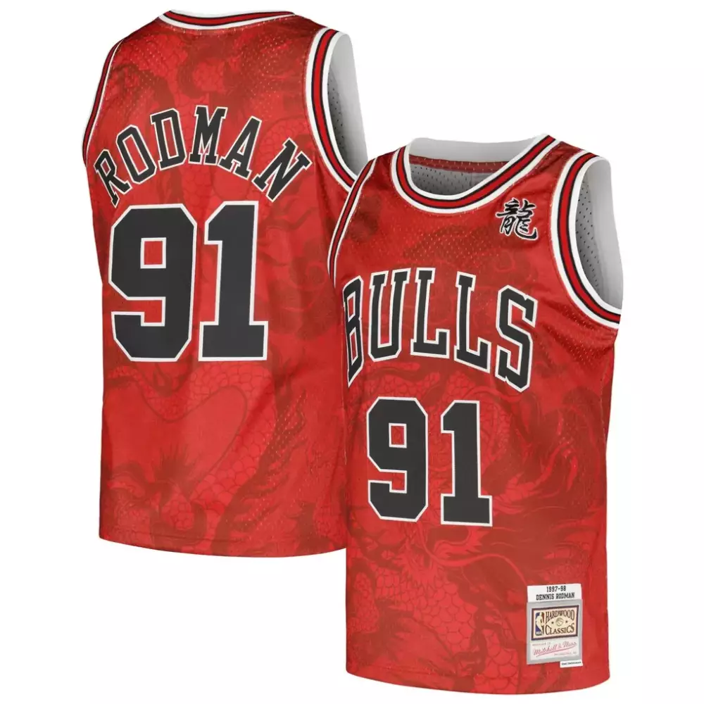 Dennis Rodman 91 Bulls Jersey Red Chinese Dragon Mitchell Ness Hardwood Classics