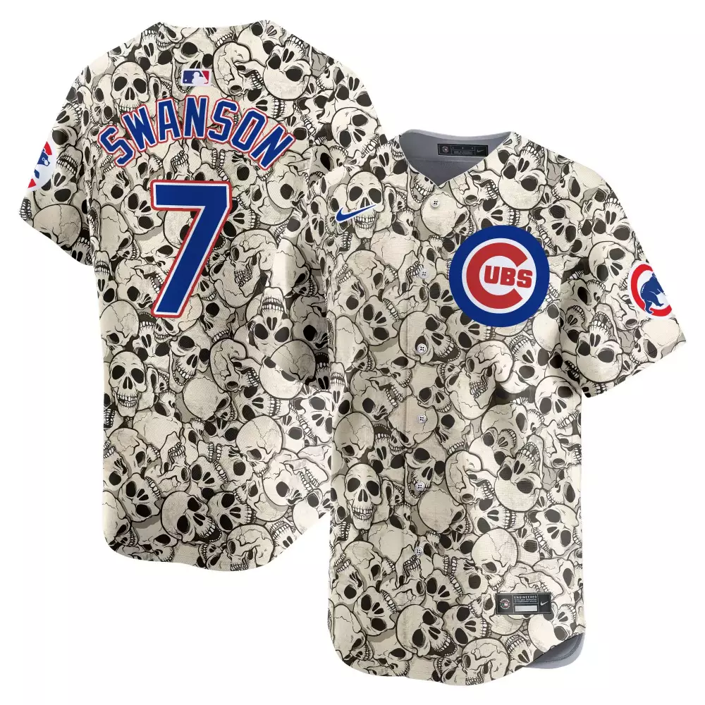 Dansby Swanson 7 Cubs Jersey Tan Skull Print Men All-over Custom Design Black Blue