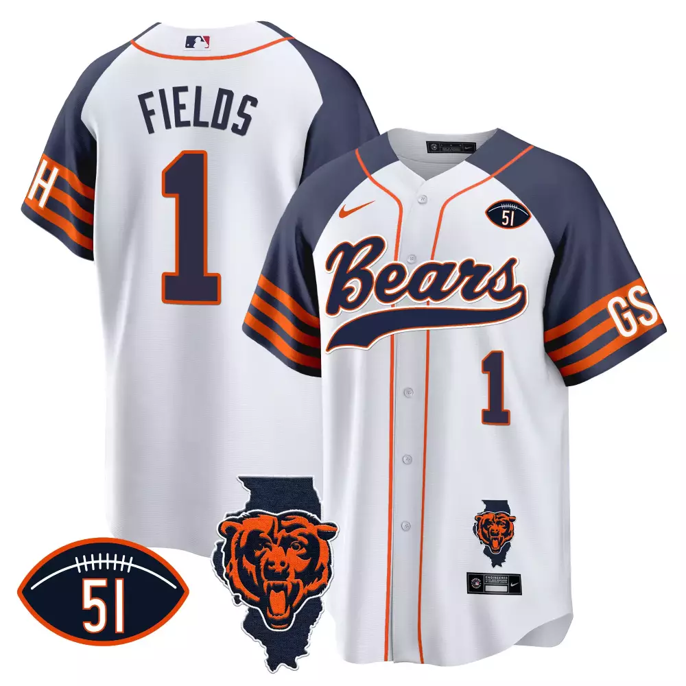 Justin Fields 1 Bears Jersey White Illinois State Outline Football Number 51 Men