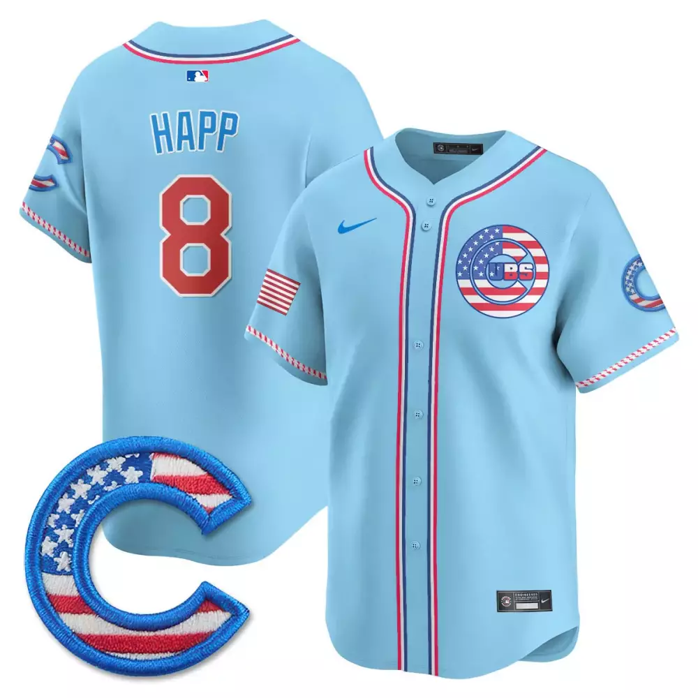 Happ Fourth 8 Cubs Jersey Light Blue City Connect American Flag Details Men Red White