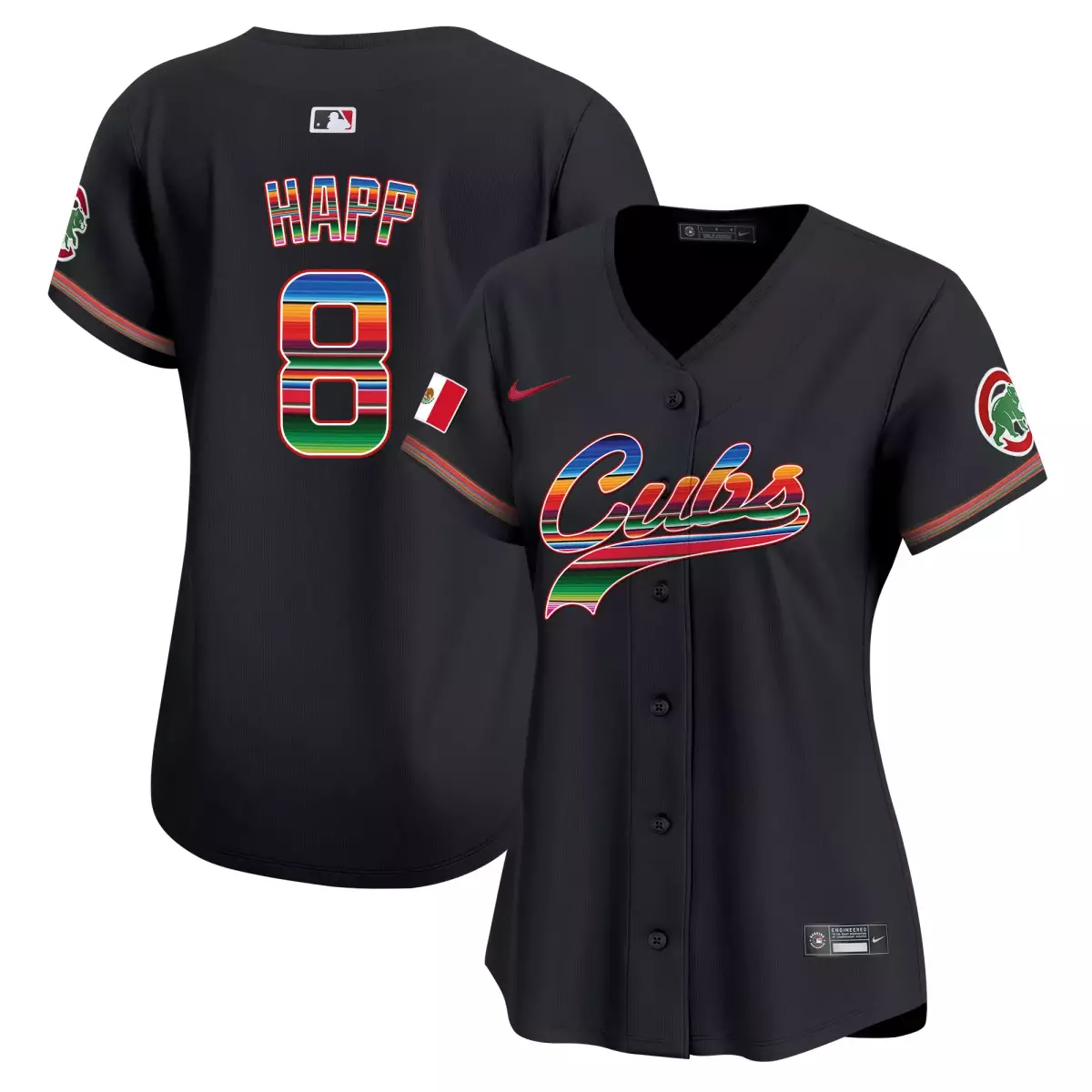 Happ Mexico 8 Cubs Jersey Black Flag Men MLB Custom Design Multi-color Stripe Vapor