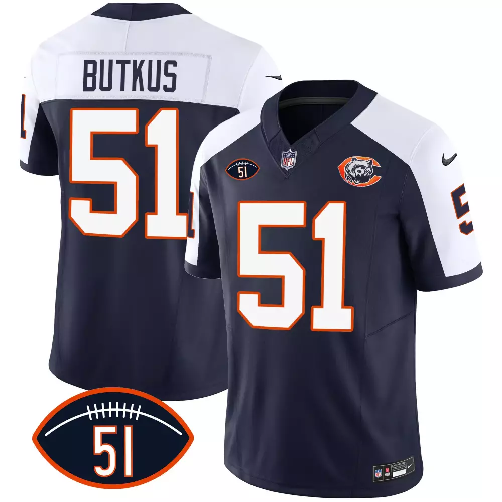 Dick Butkus 51 Chicago Bears Jersey Navy Blue Men Official NFL White Orange Stitched