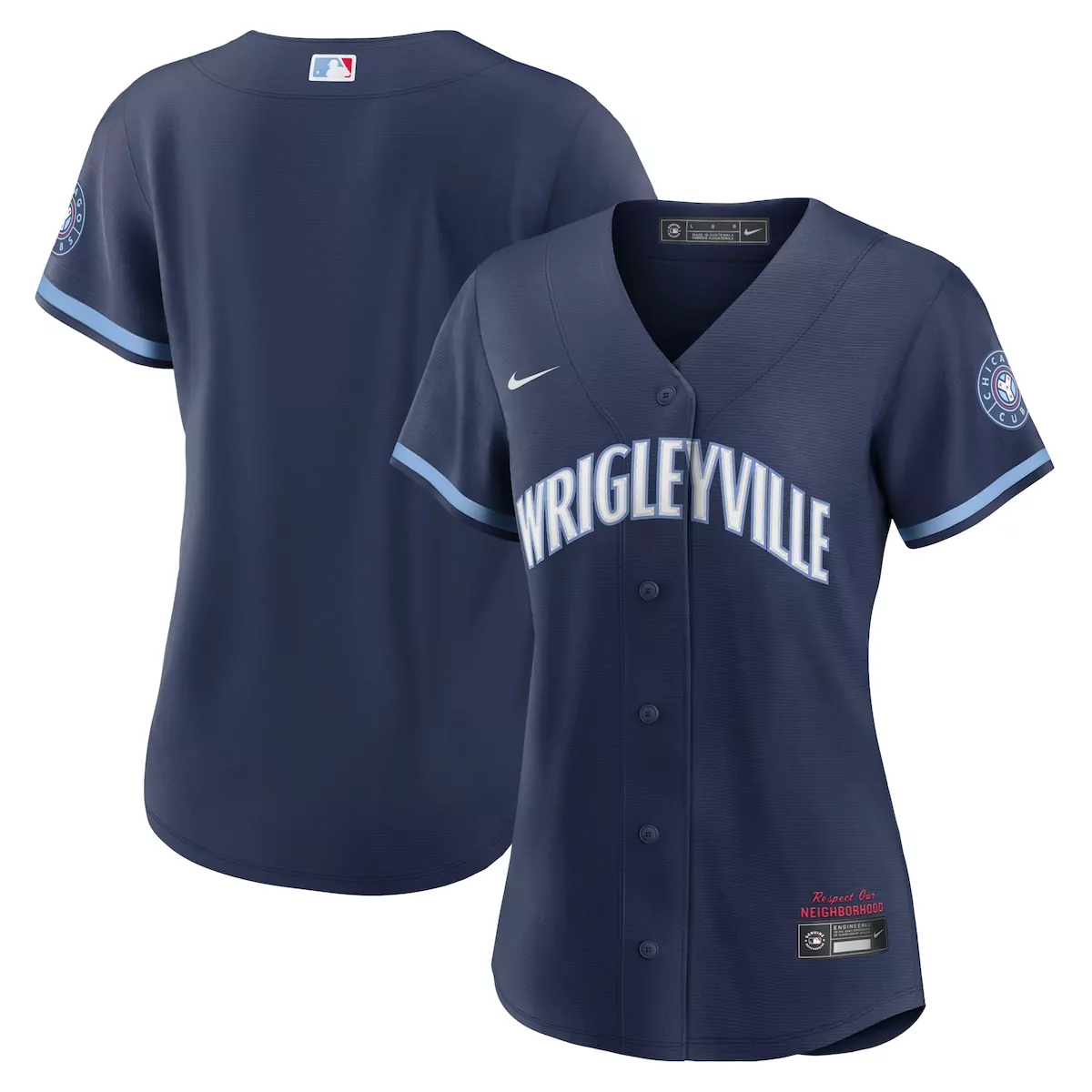 Wrigleyville Chicago Cubs Jersey Navy Respect Our Neighborhood Women Light Blue White