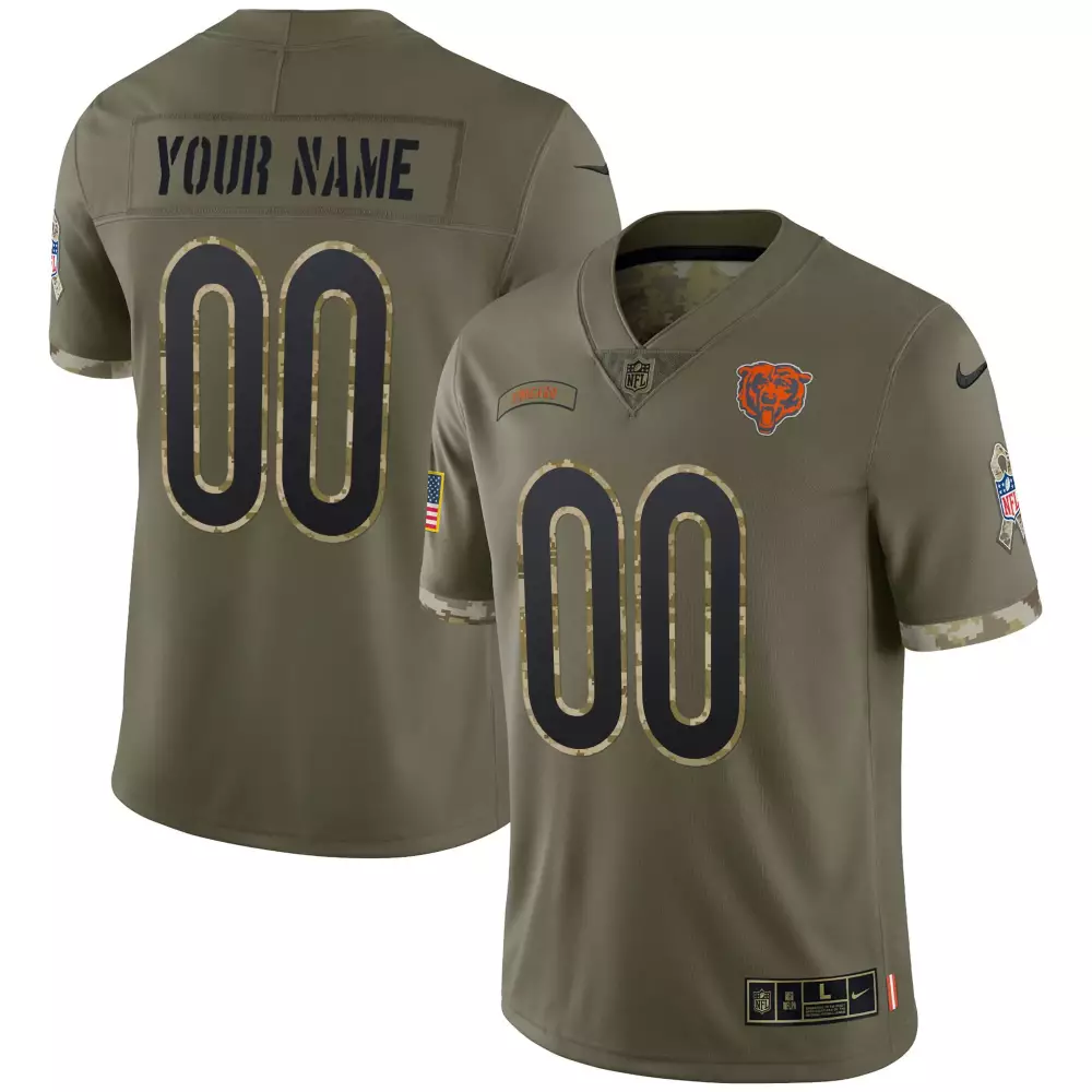 Custom Chicago Bears Jersey Olive Saluting Our Heroes American Flag Men Game Black