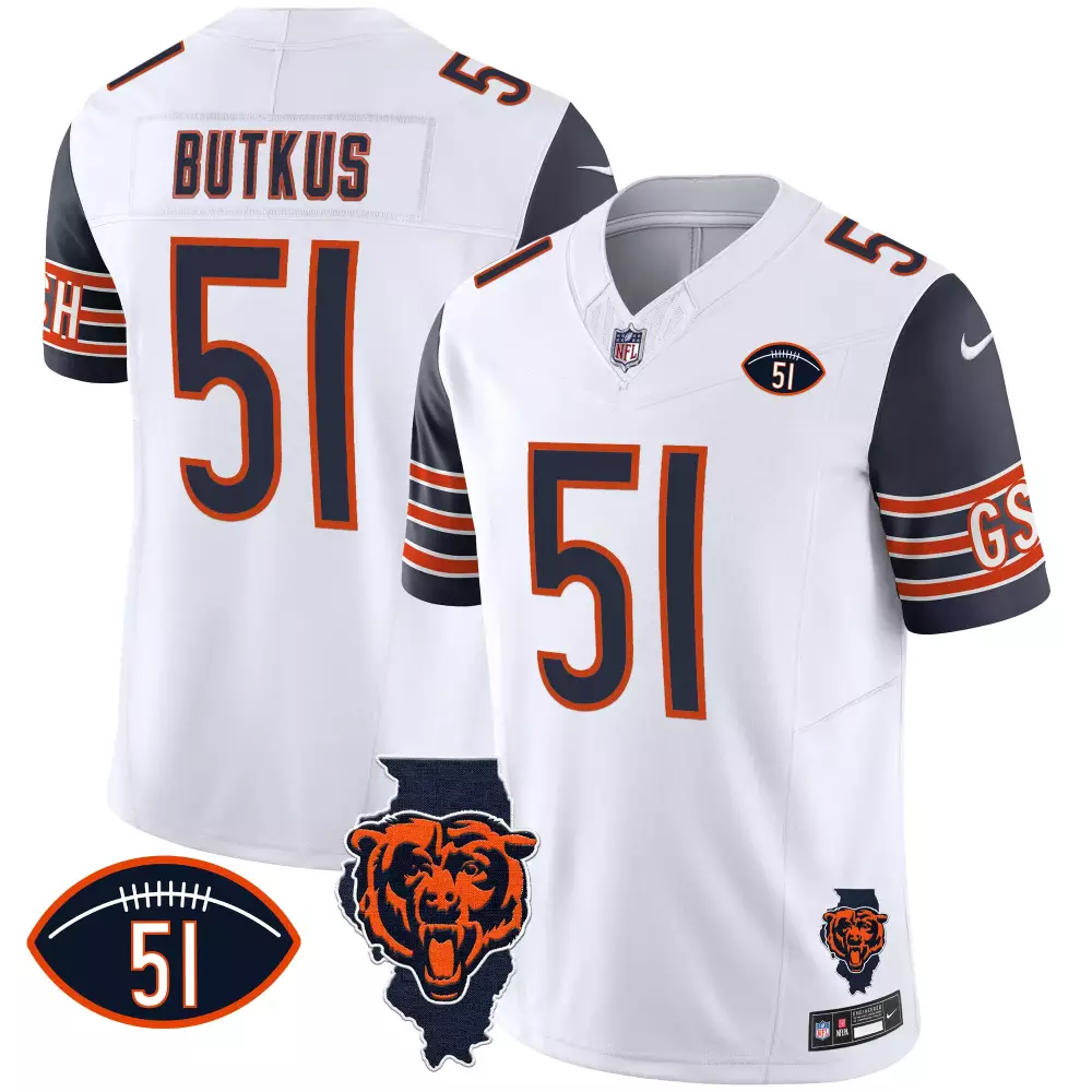 Dick Butkus 51 Chicago Bears Jersey White Illinois Shape Men Navy Blue Orange Stitched