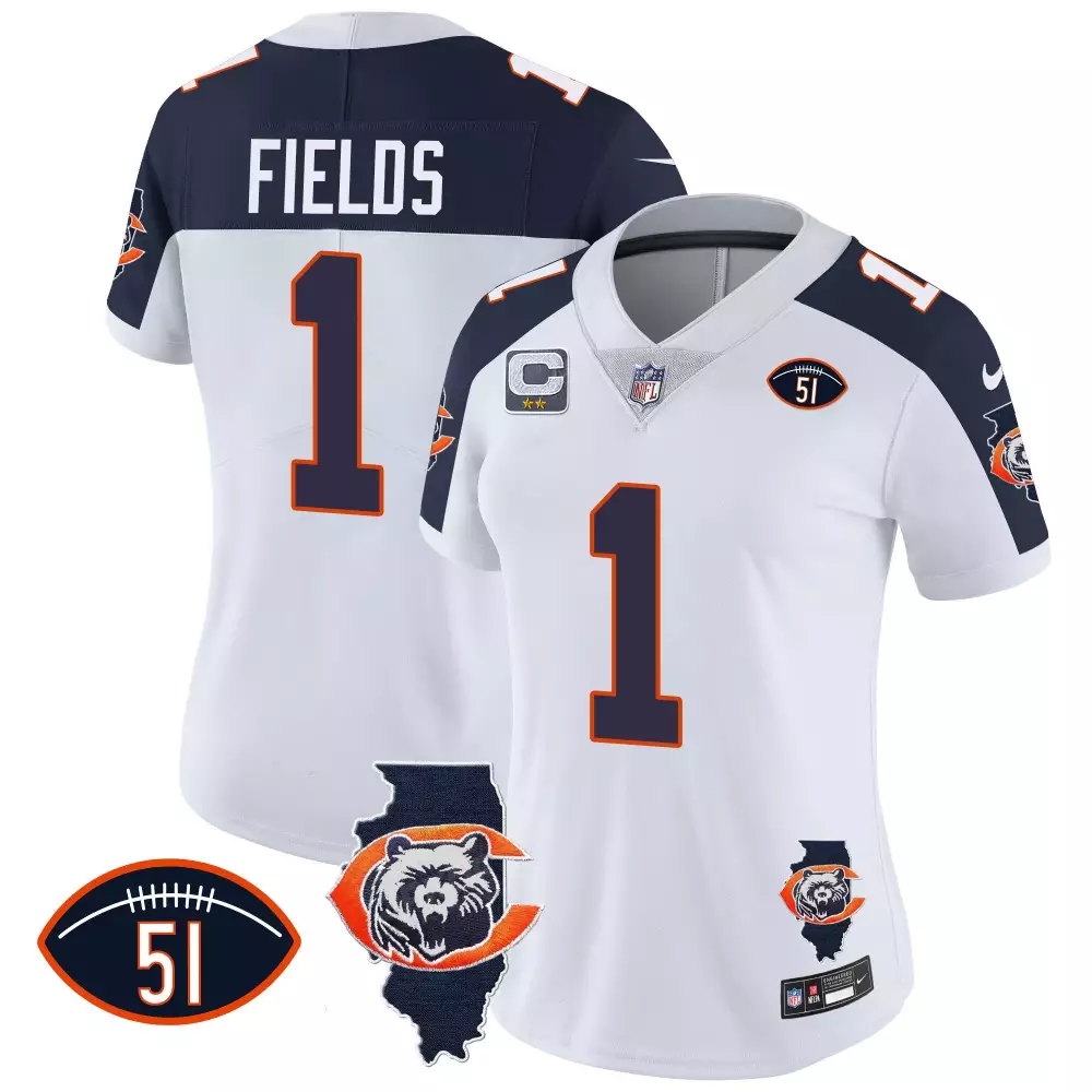 Justin Fields 1 Chicago Bears Jersey White Illinois State Outline Stars Women Alternate