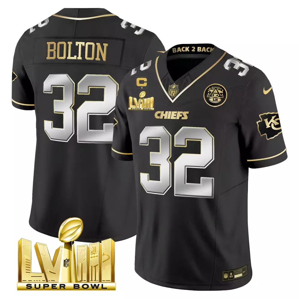 Bolton Male 32 Chiefs Jersey Black Super Bowl Lviii Champions 2023 Men Player Gold