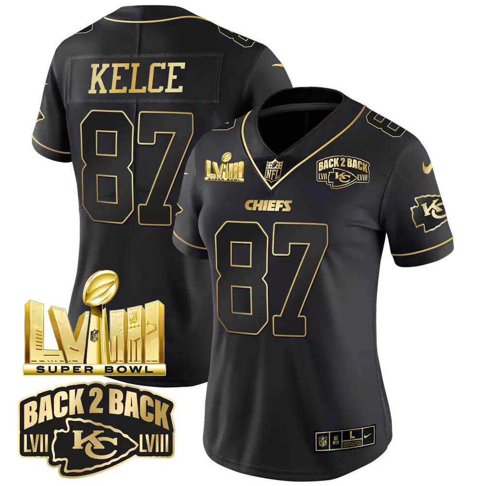 Kelce Back 87 Chiefs Jersey Black Super Bowl Lviii Champions Men Gold Stitched Vapor