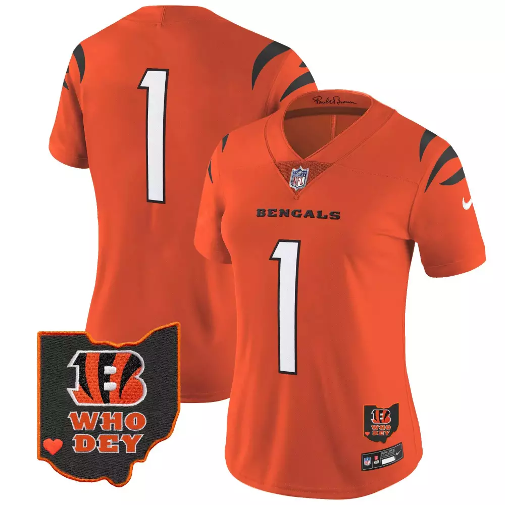 Custom Cincinnati Bengals 1 Jersey Orange Ohio Shape Women Replica Black White Vapor