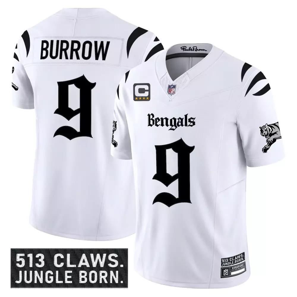 Joe Burrow 9 Bengals Jersey White 513 Claws. Jungle Born. Men NFL Alternate Black