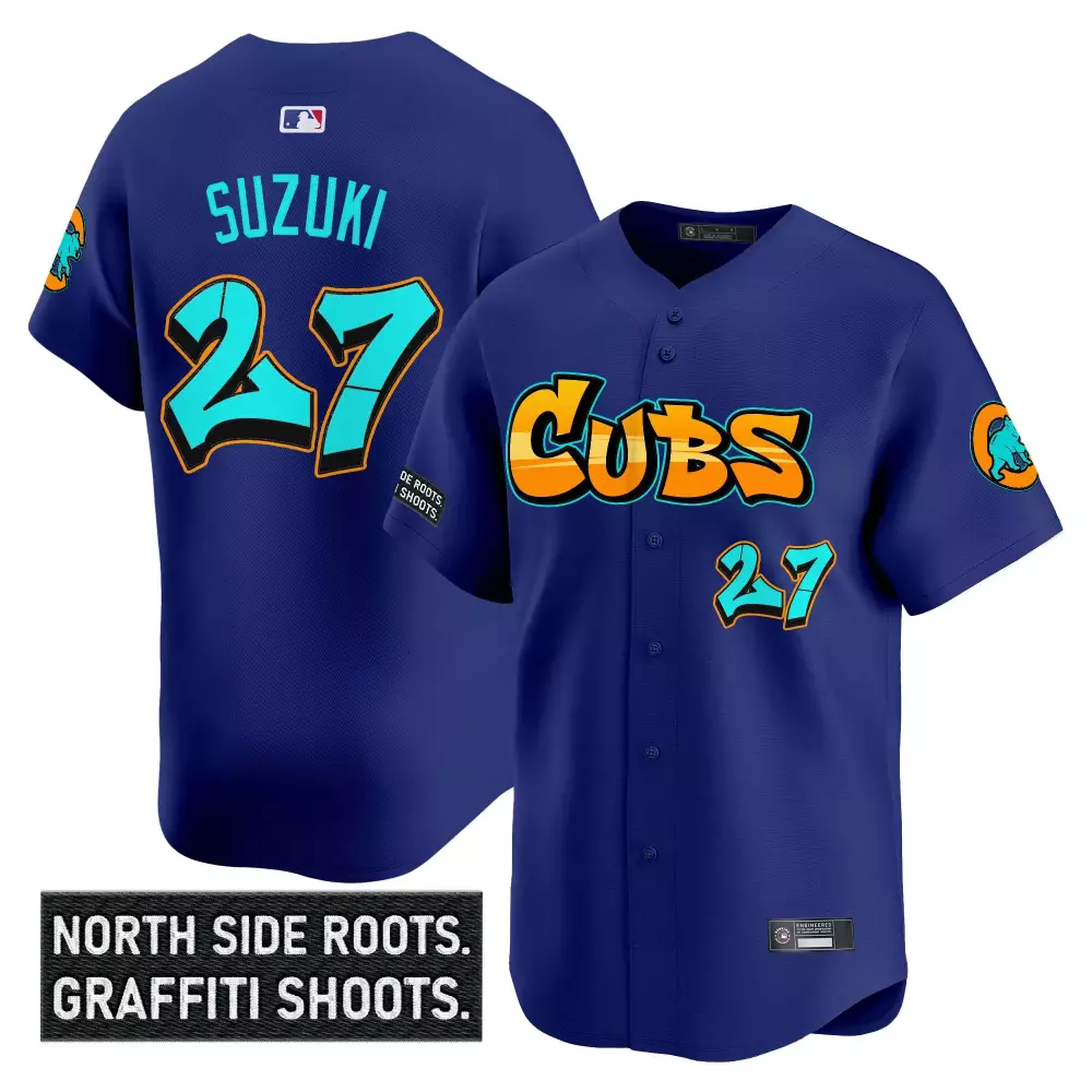 Suzuki Graffiti 27 Cubs Jersey Blue Men Custom Design Orange Teal Vapor Embroidered