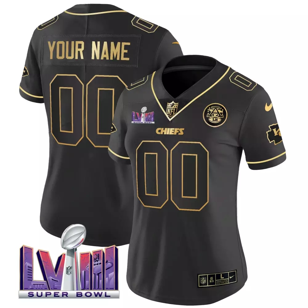 Custom Chiefs Jersey Black Super Bowl Lvii Women Gold Stitched