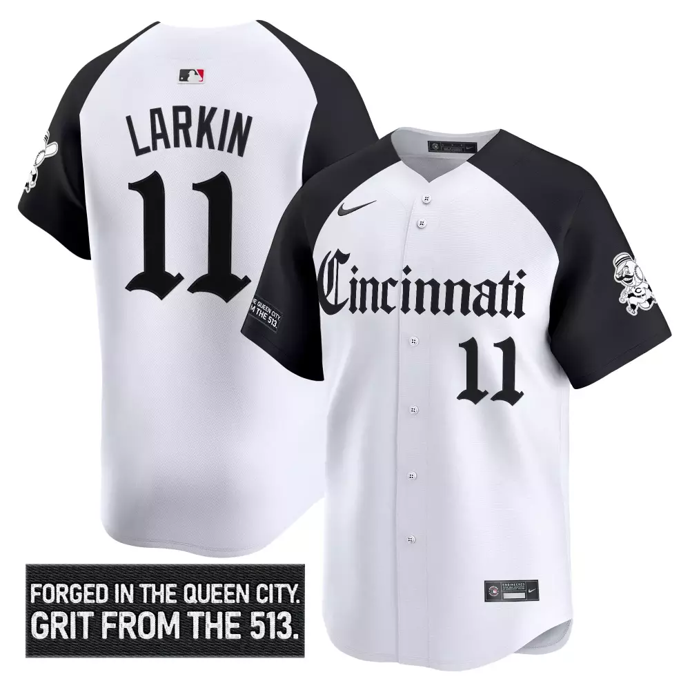 Barry Larkin 11 Cincinnati Reds Jersey White City Connect Men Split Design Black