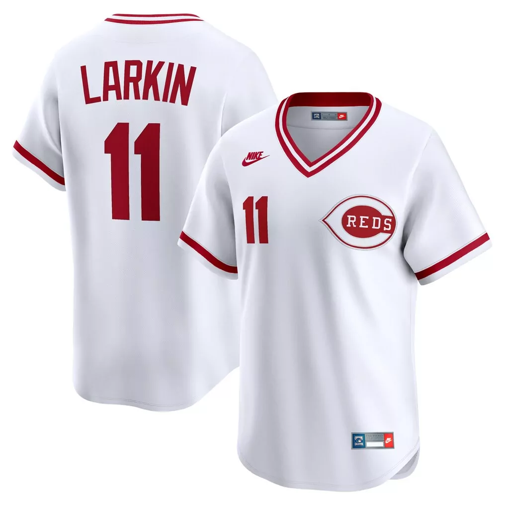Barry Larkin 11 Reds Jersey White Men Red Throwback Cooperstown Collection Limited