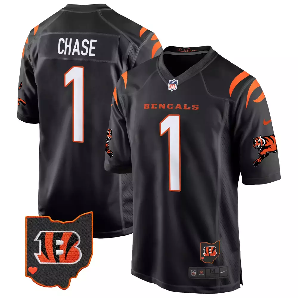 Ja'marr Chase 1 Bengals Jersey Black Ohio Shape Heart Men Authentic Orange White