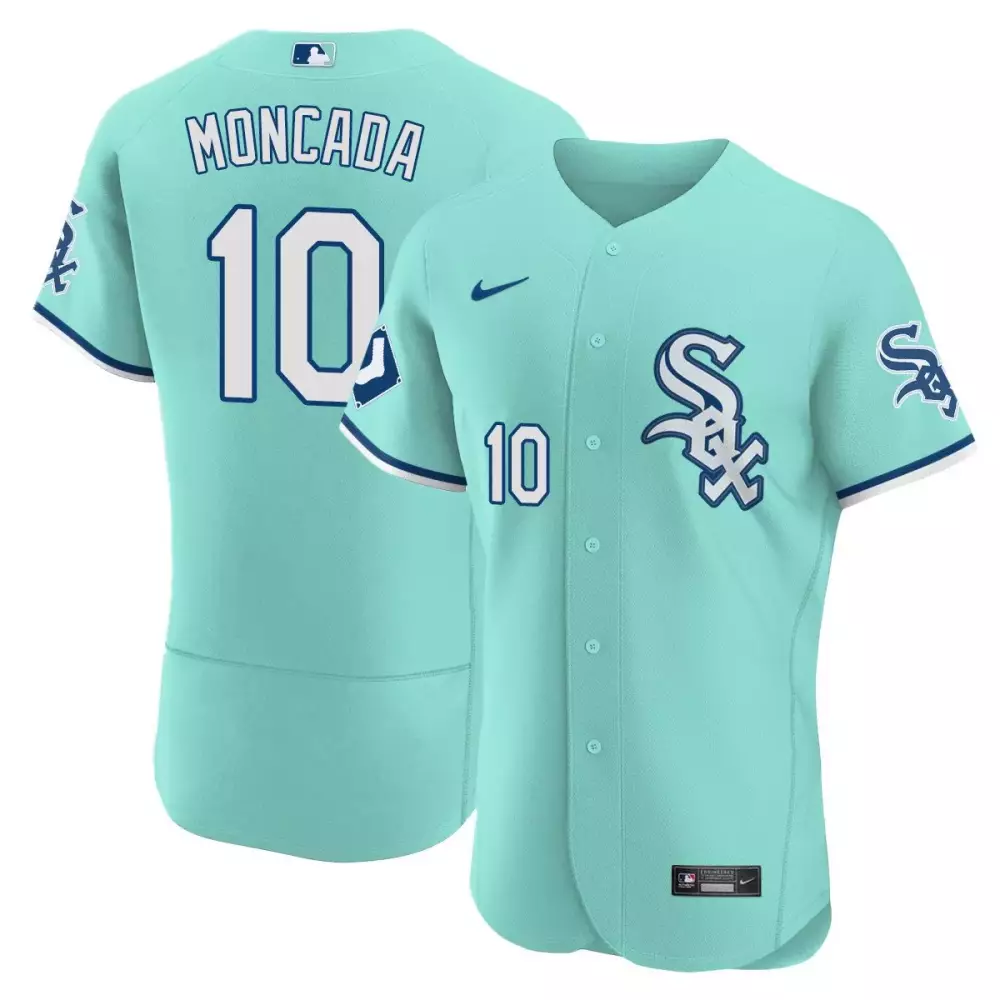 Yoan Moncada 10 White Sox Jersey Aqua Men Navy Flex Base Collection All Stitched