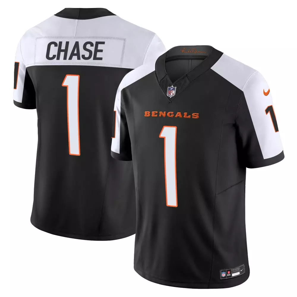Ja'marr Chase 1 Bengals Jersey Black Men Split Design White Orange Stitched