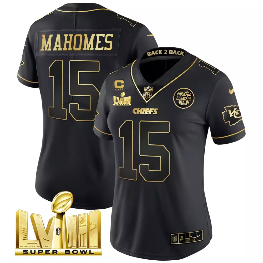 Patrick Mahomes 15 Chiefs Jersey Black Super Bowl Lviii Men Player Gold All Stitched