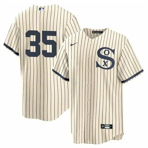 Custom Chicago White Sox 35 Jersey Cream Men Navy Blue Cool Base Collection All Stitched