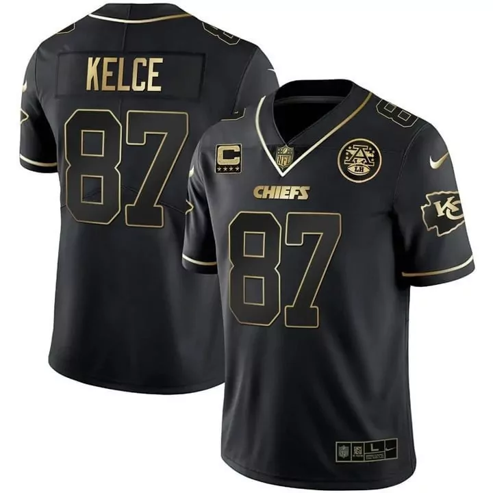 Travis Kelce 87 Chiefs Jersey Black NFL 100 Men Gold Vapor Limited All Stitched