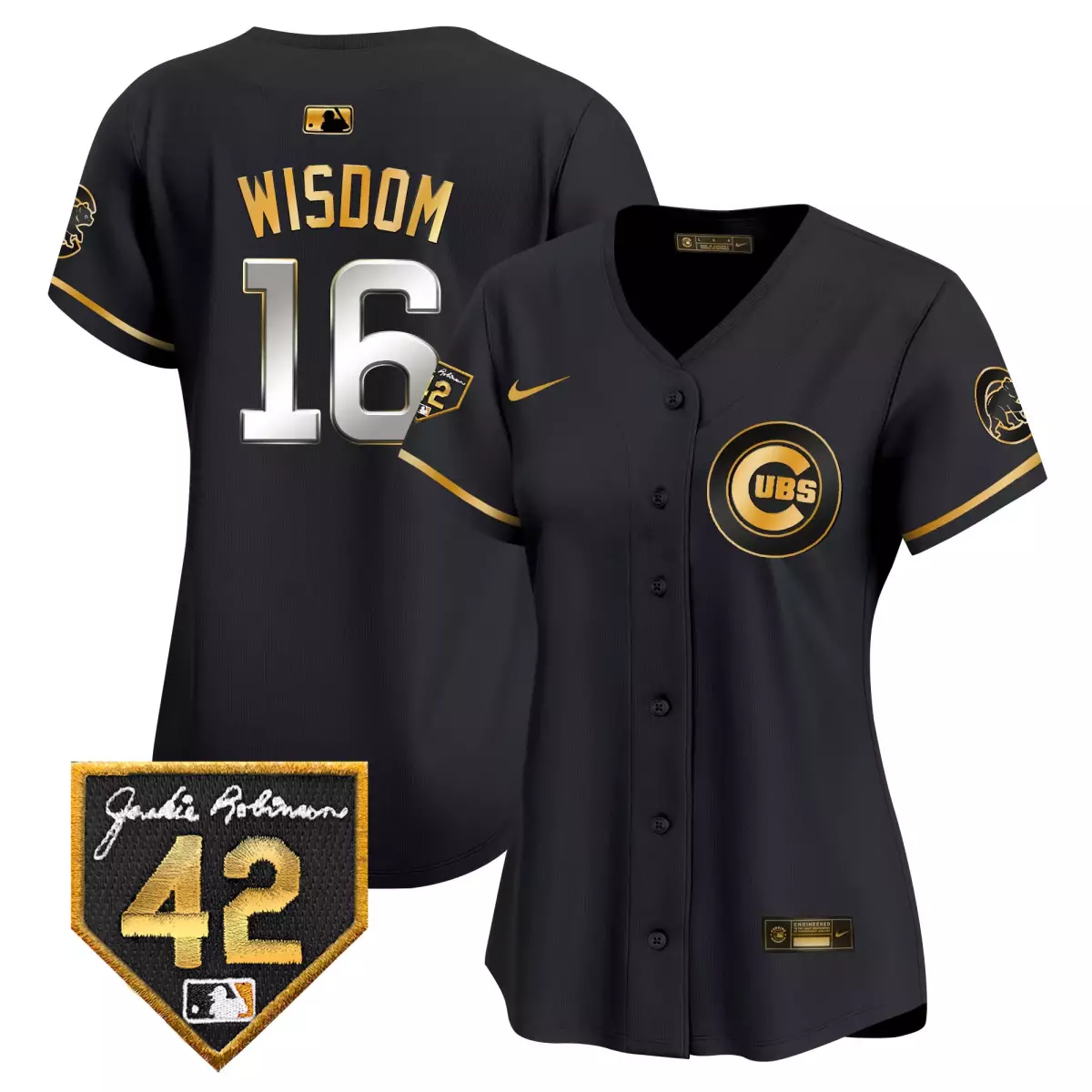 Patrick Wisdom 16 Cubs Jersey Black Jackie Robinson 42 Men Gold Vapor Premier Limited