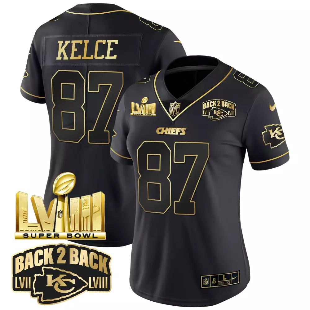 Travis Kelce 87 Chiefs Jersey Black Super Bowl Lviii Champions Lvii Men Gold Vapor