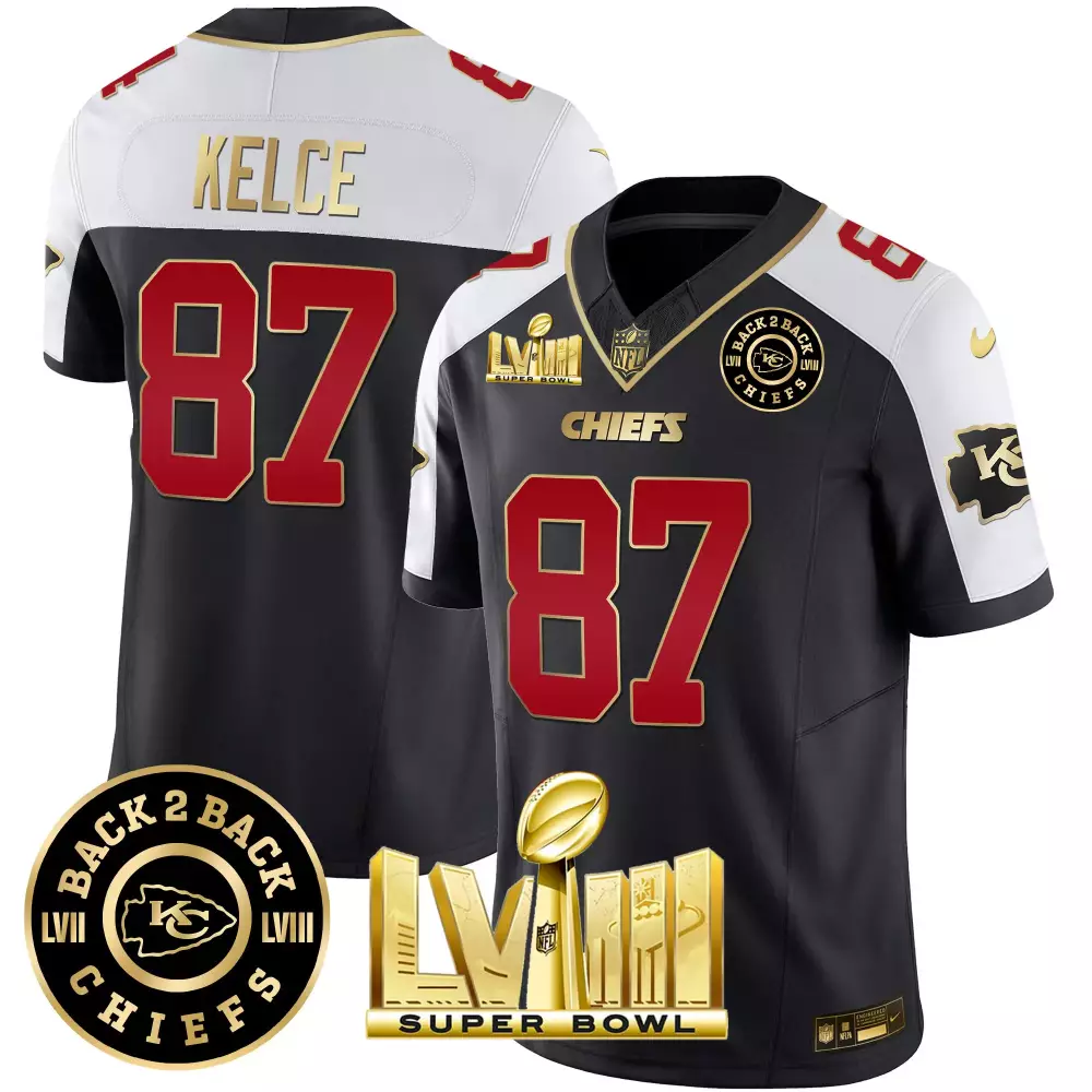 Kelce Male 87 Chiefs Jersey Black Super Bowl Lviii Champions Men Game Alternate White