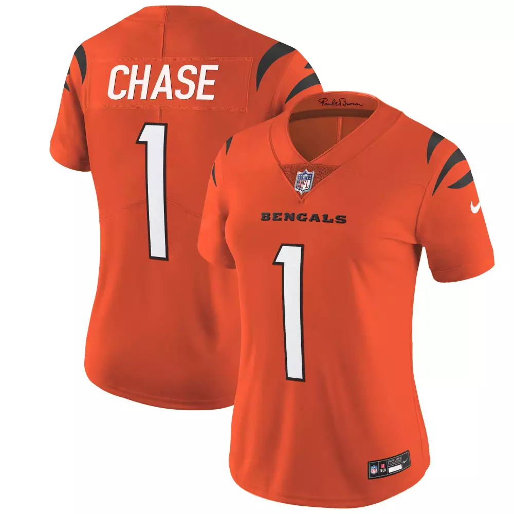 Ja'marr Chase 1 Bengals Jersey Orange Women Replica Black All Stitched Vapor Limited