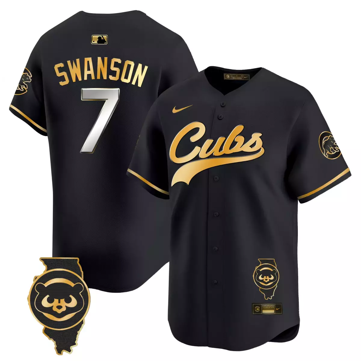 Dansby Swanson 7 Cubs Jersey Black City Connect Illinois State Outline Men Gold Vapor