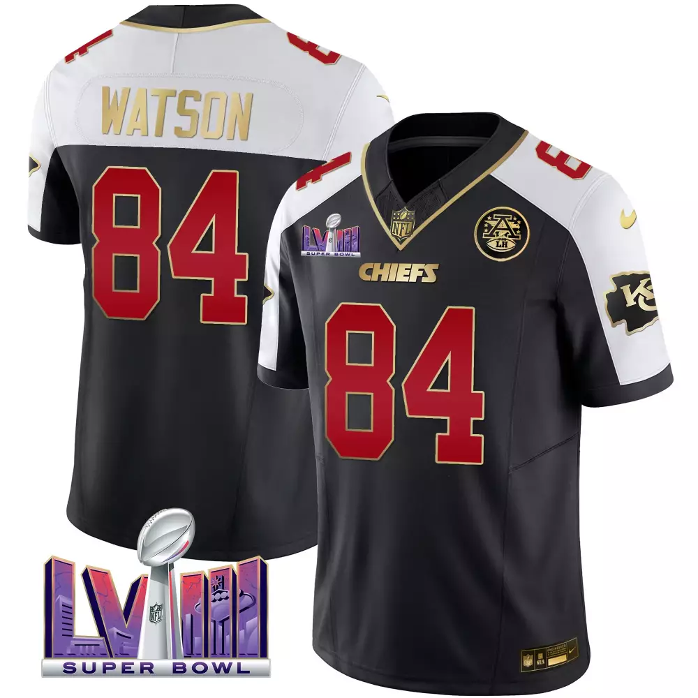 Watson Male 84 Chiefs Jersey Black Super Bowl Lviii Men Game Red White Gold All Stitched