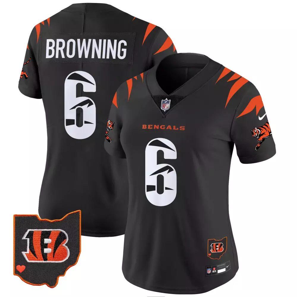 Jake Browning 6 Bengals Jersey Black Ohio Outline Heart Women Player Orange White