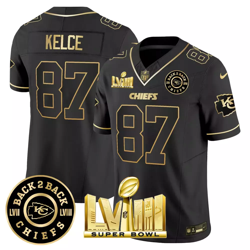 Travis Kelce 87 Jersey Black Super Bowl Lviii Champions Kansas City Chiefs 2022 Men