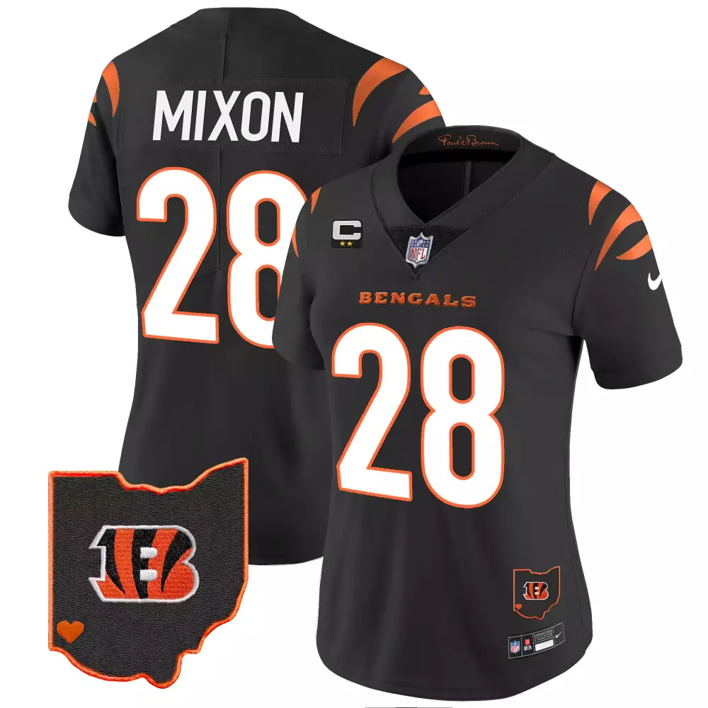 Joe Mixon 28 Bengals Jersey Black Ohio Shape Captain's Women Player Orange White