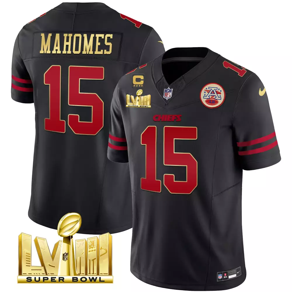 Mahomes Lvii 15 Chiefs Jersey Black Super Bowl Men Red Gold All Stitched Vapor