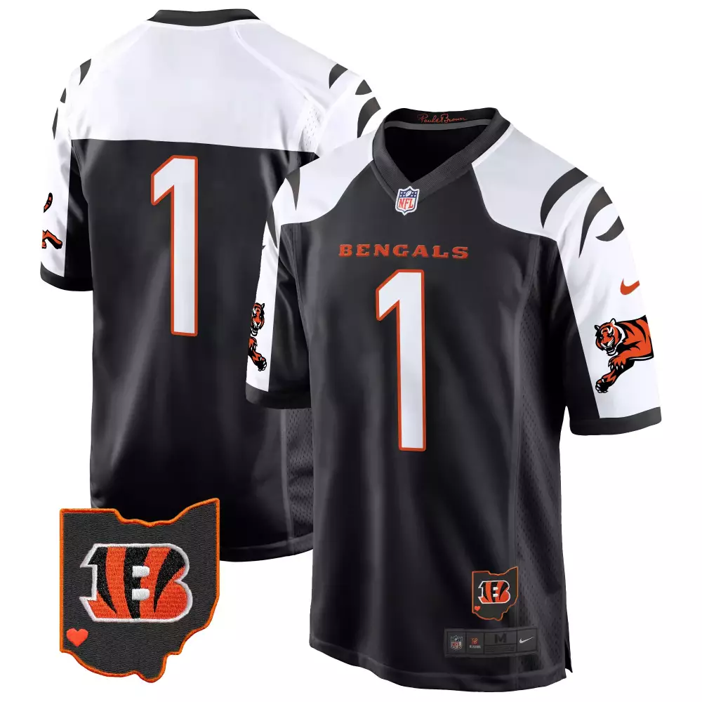 Custom Bengals 1 Jersey Black Paul Brown Ohio State Men White Orange Alternate Game