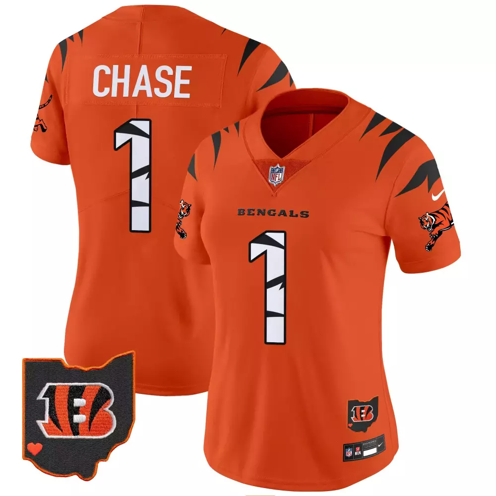 Ja'marr Chase 1 Bengals Jersey Orange Ohio Women Replica Black White Vapor Limited