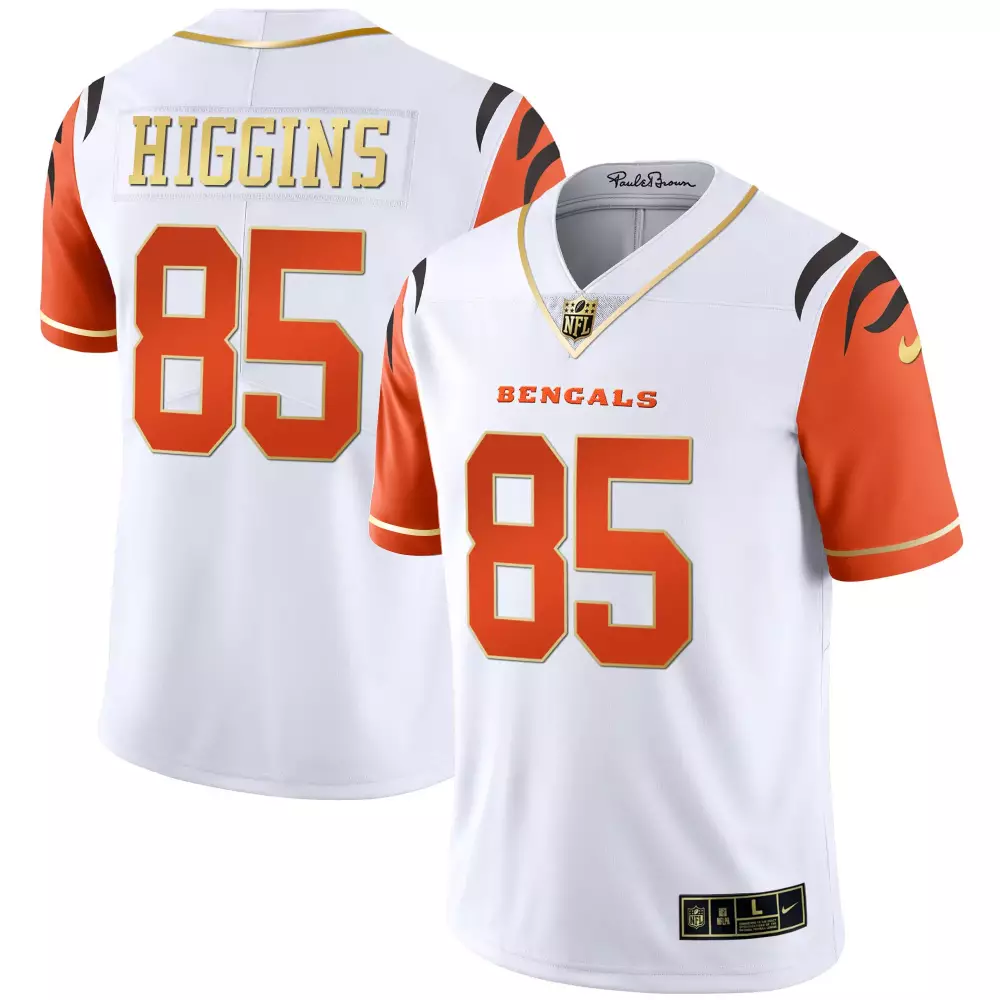 Tee Higgins 85 Bengals Jersey White Men Fitted Orange Gold Vapor All Stitched