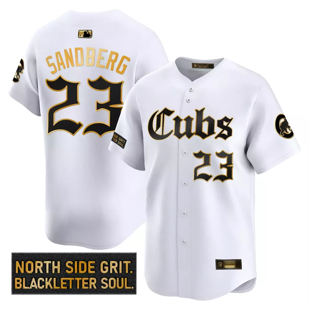 Sandberg North 23 Cubs Jersey White Side Grit. Blackletter Soul. 2023 Men Black Gold