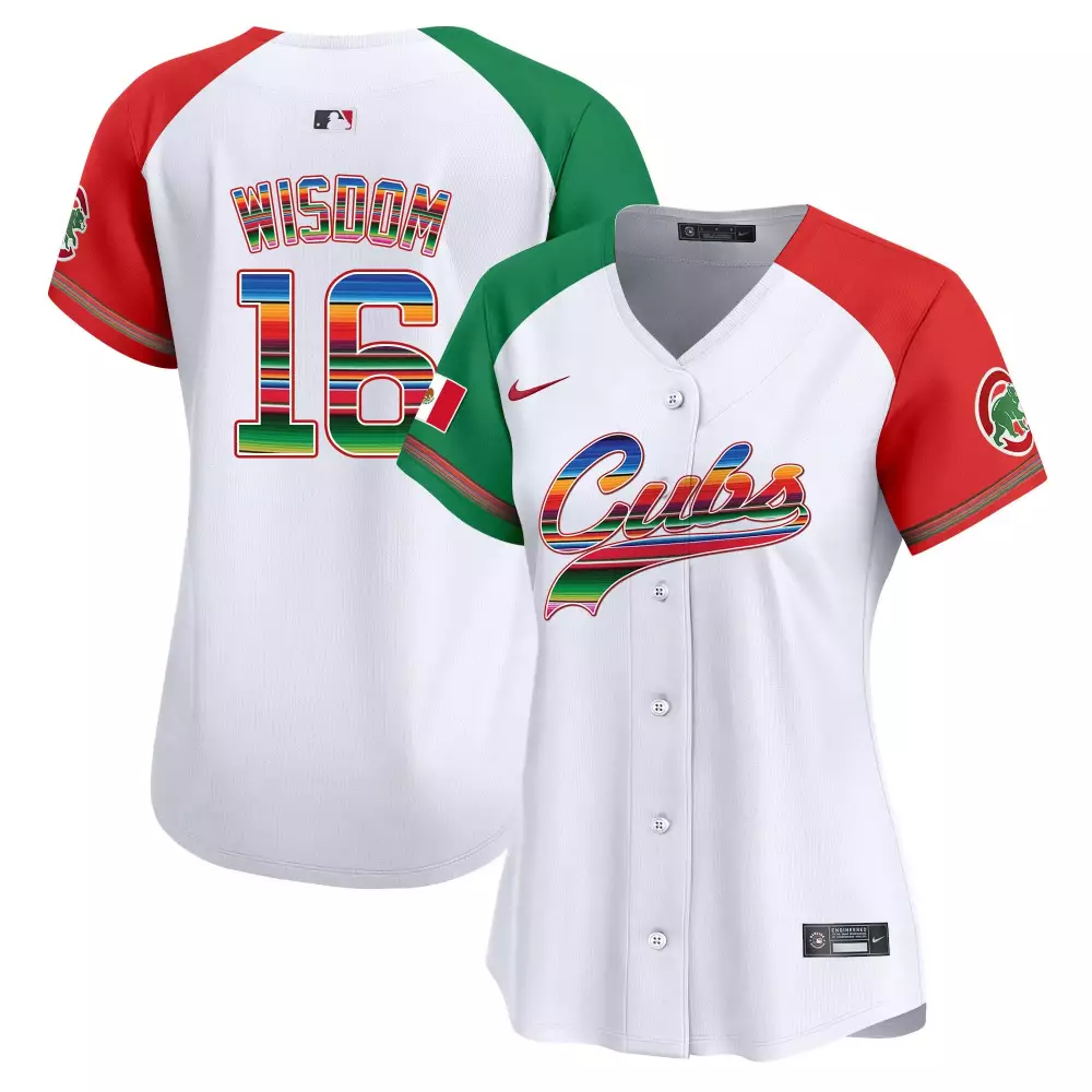 Patrick Wisdom 16 Cubs Jersey White Women Raglan Sleeve Split Custom Design Red Green