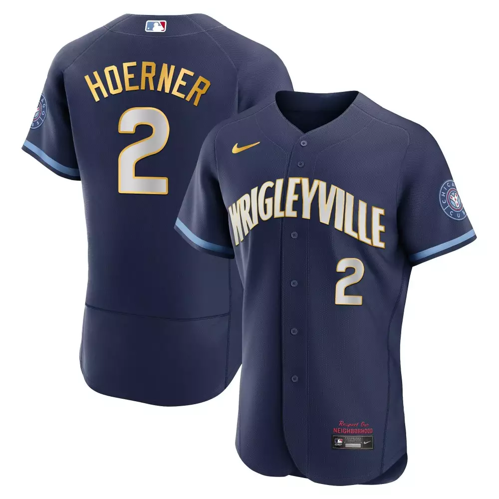 Nico Hoerner 2 Chicago Cubs Jersey Navy Men MLB Gold Light Blue Flex All Stitched