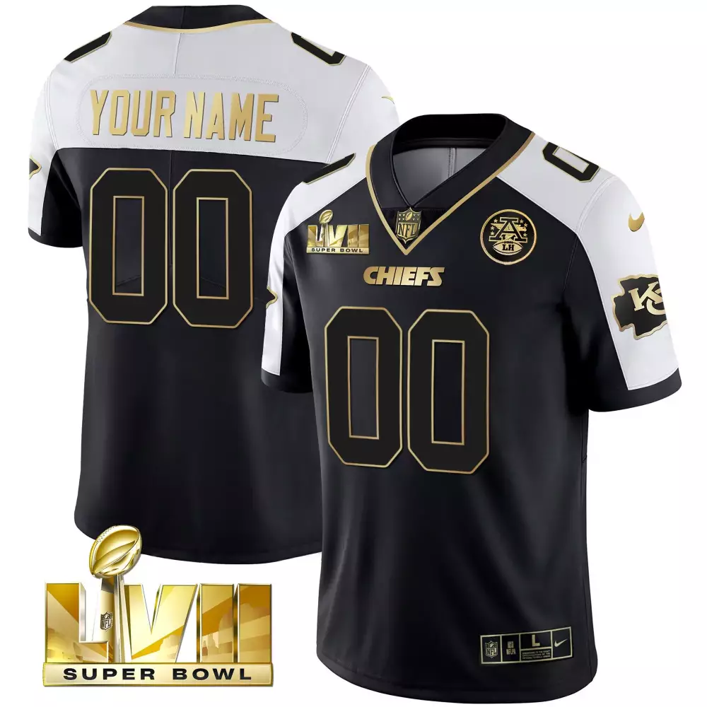 Custom Kansas City Chiefs Jersey Black Super Bowl Lvii 2023 Men White Gold All Stitched