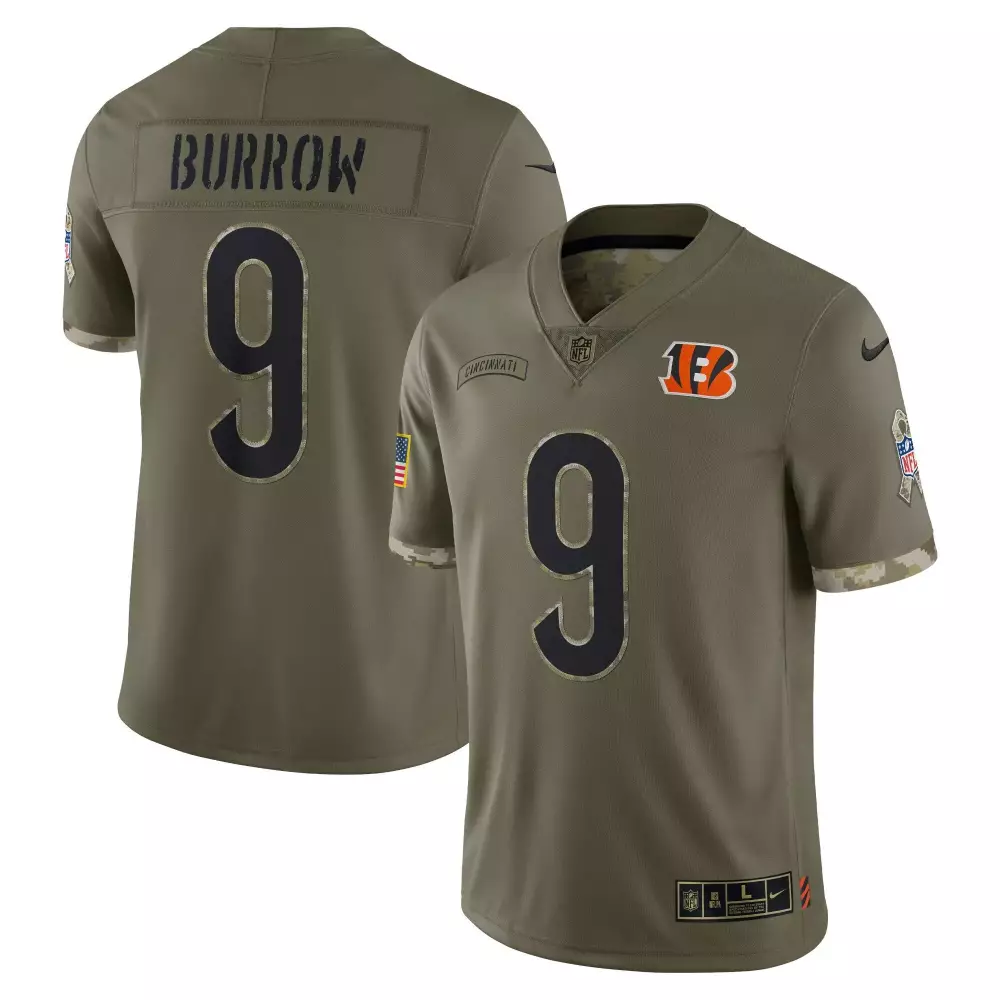 Joe Burrow 9 Cincinnati Bengals Jersey Olive Green Salute To Service American Flag