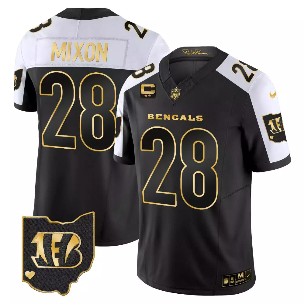 Joe Mixon 28 Bengals Jersey Black Paul Brown Ohio State Captain Men White Gold Alternate