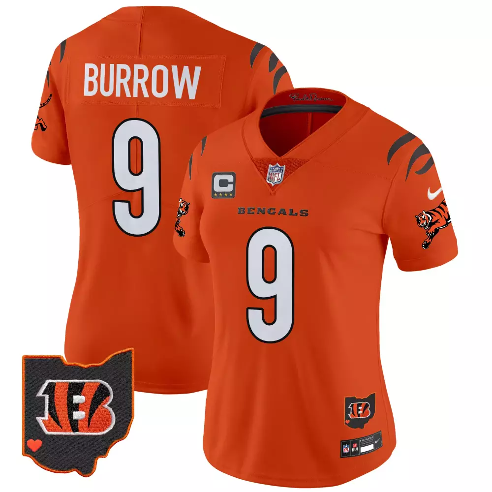 Joe Burrow 9 Bengals Jersey Orange Ohio Outline Patch Capitan Badge Women Game Black
