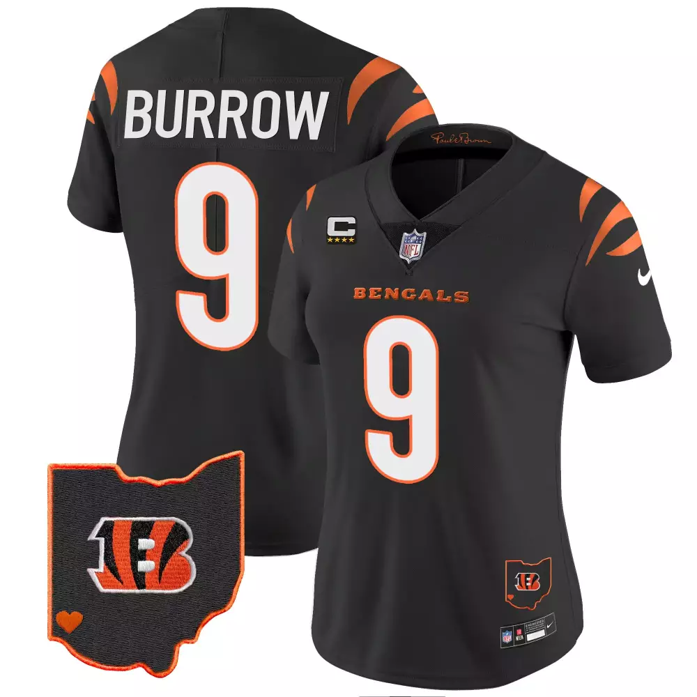 Joe Burrow 9 Bengals Jersey Black Paul Brown Captain's Ohio Outline Men Authentic