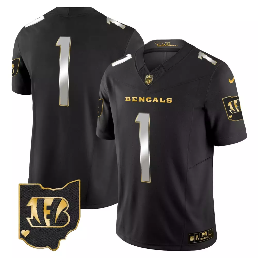 Bengals 1 Jersey Black Paul Brown Ohio Outline Men Game Gold Silver Limited Vapor
